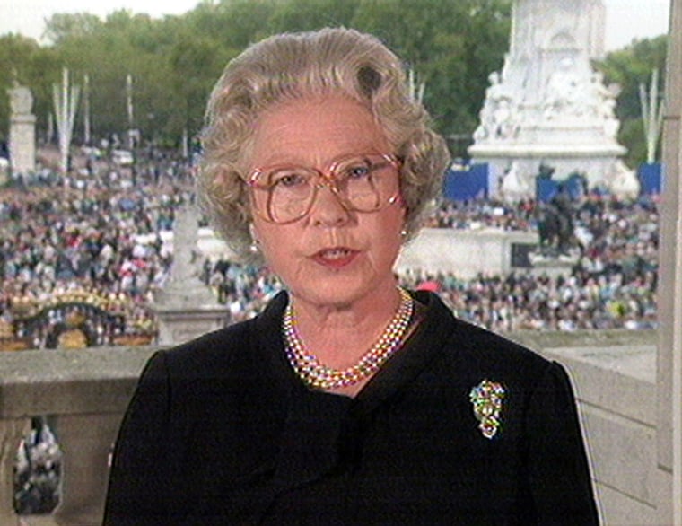 Britain's Queen Elizabeth II, seen in this image made from television speaking from London's Buckingham Palace, Friday Sept. 5 1997 pays tribute to Diana, Princess of Wales as an \"Exceptional and gifted human being.\" Princess Diana was killed in a car crash in Paris on Aug. 31. Her funeral will take place at London's Westminster Abbey on Saturday. (AP Photo)